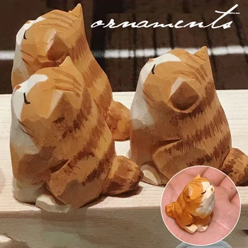 1 buc Manual din Lemn Cat Ornament Mini Drăguț Pisici Portocalii Statui Papusa Masina Figurine Desktop Decoratiuni Artizanat Cadou pentru Copii Fete
