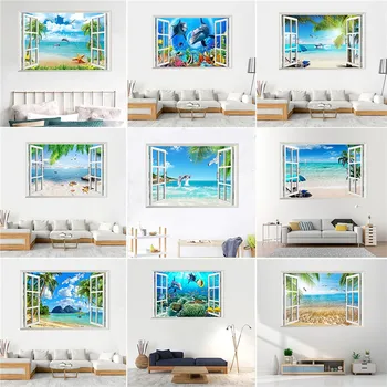 Fereastra 3D Perete Decal Delfin Lume Subacvatică Peisaj Natura Poster Peisaje Plajă Vinil Living Autocolant Decorativ Muraux