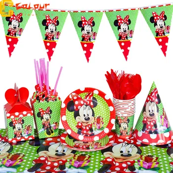 Disney Rosu Minnie Mouse Copii Fete Decoratiuni Partid Pahare De Hârtie Servetele Plăci De Paie Copil De Dus Ziua Minnie Consumabile Partid