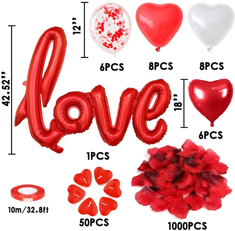 Ziua îndrăgostiților decoratiuni, gigant baloane de dragoste, 50 de inima în formă de lumânări, baloane in forma de inima, cu 1000 de petale de trandafir roșu de mătase Imagine 2
